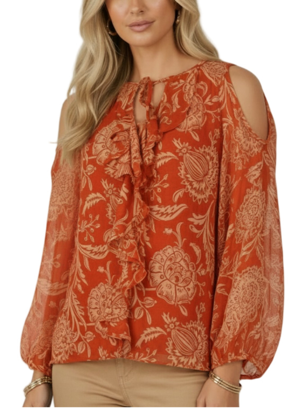 1. STATE Orange Printed Sheer Cold Shoulder Tie Ruffle Blouse Size Medium